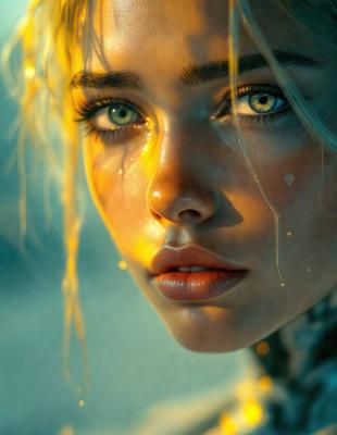 The primary subject of the image is a woman with blonde hair, who is crying. She has a tear on her face, and her eyes are closed. The setting is a beach, with the sun shining on her face. The visual style is a digital art, and the colors and mood are warm and emotional.
